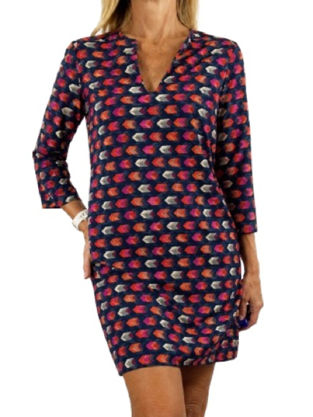 Hutch Anthropologie Geometric Print Shift Dress Size M Navy Pink 3/4 Sleeve - Picture 2 of 5